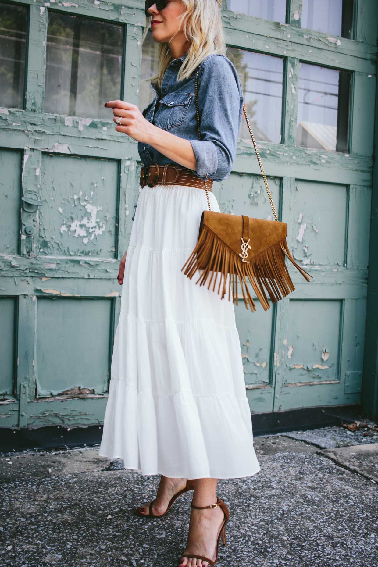 Western Denim Shirt & White Peasant Skirt - Meagan's Moda