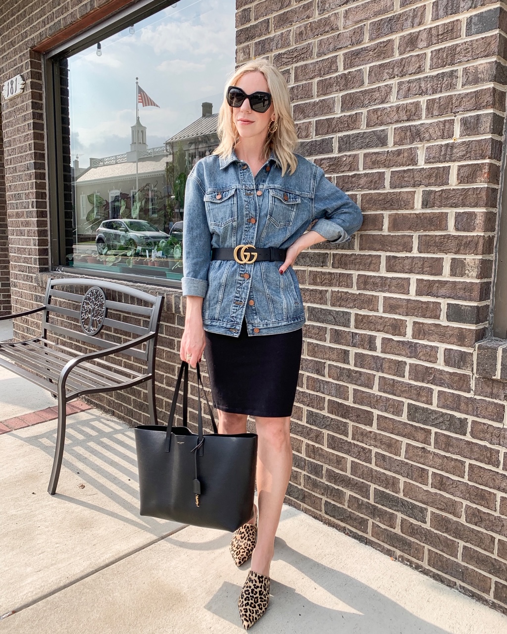 Meagan Brandon fashion blogger wearing olive utility duster jacket with  Gucci Marmont belt and Valentino Rockstud pumps, black and gold buckle  Gucci belt outfit - Meagan's Moda