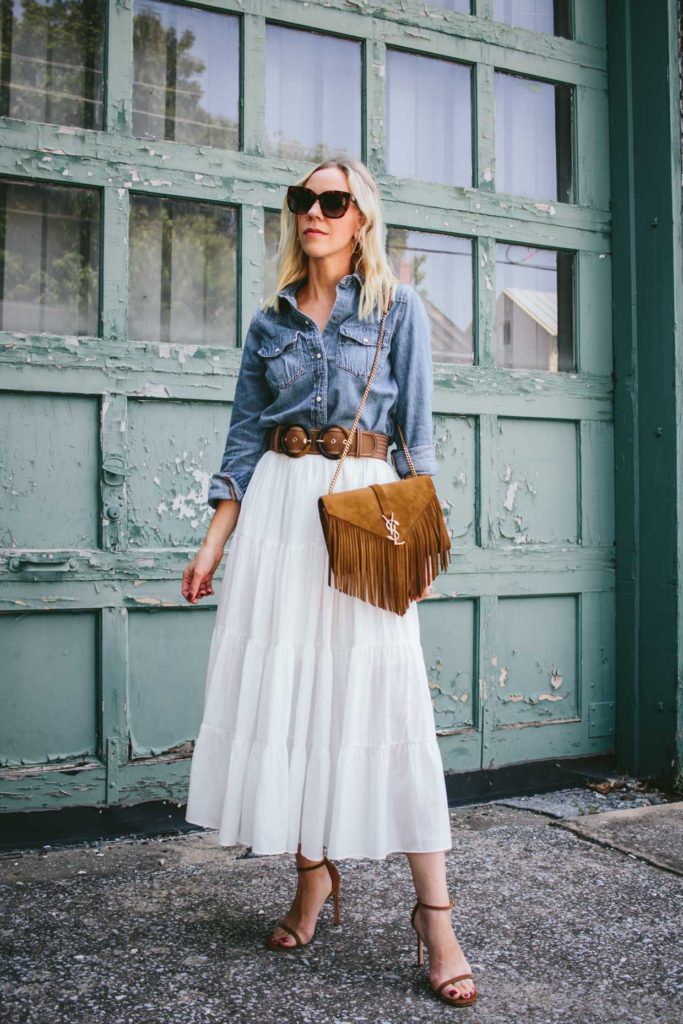 Western Denim Shirt & White Peasant Skirt - Meagan's Moda