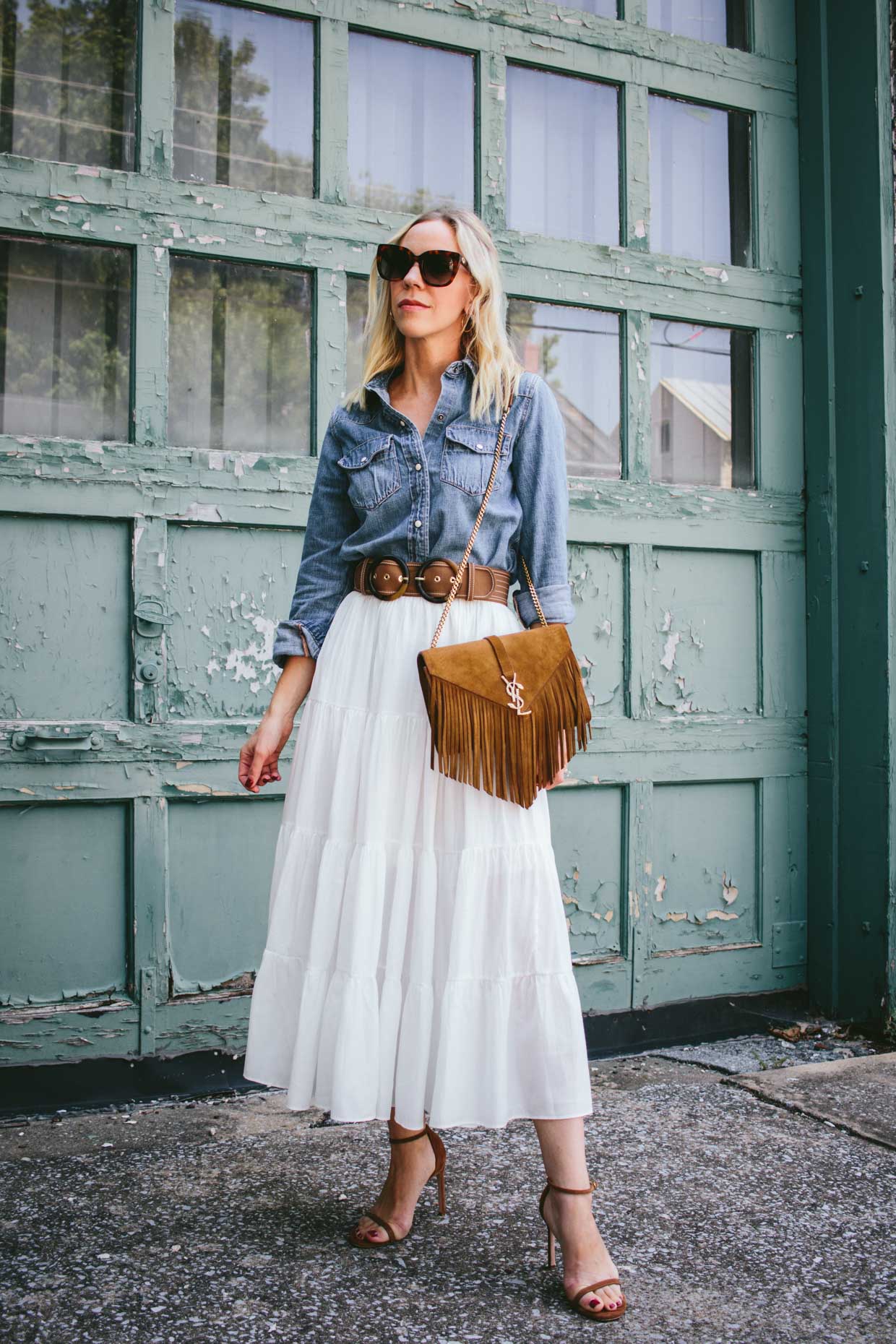 denim shirt with skirt outfit