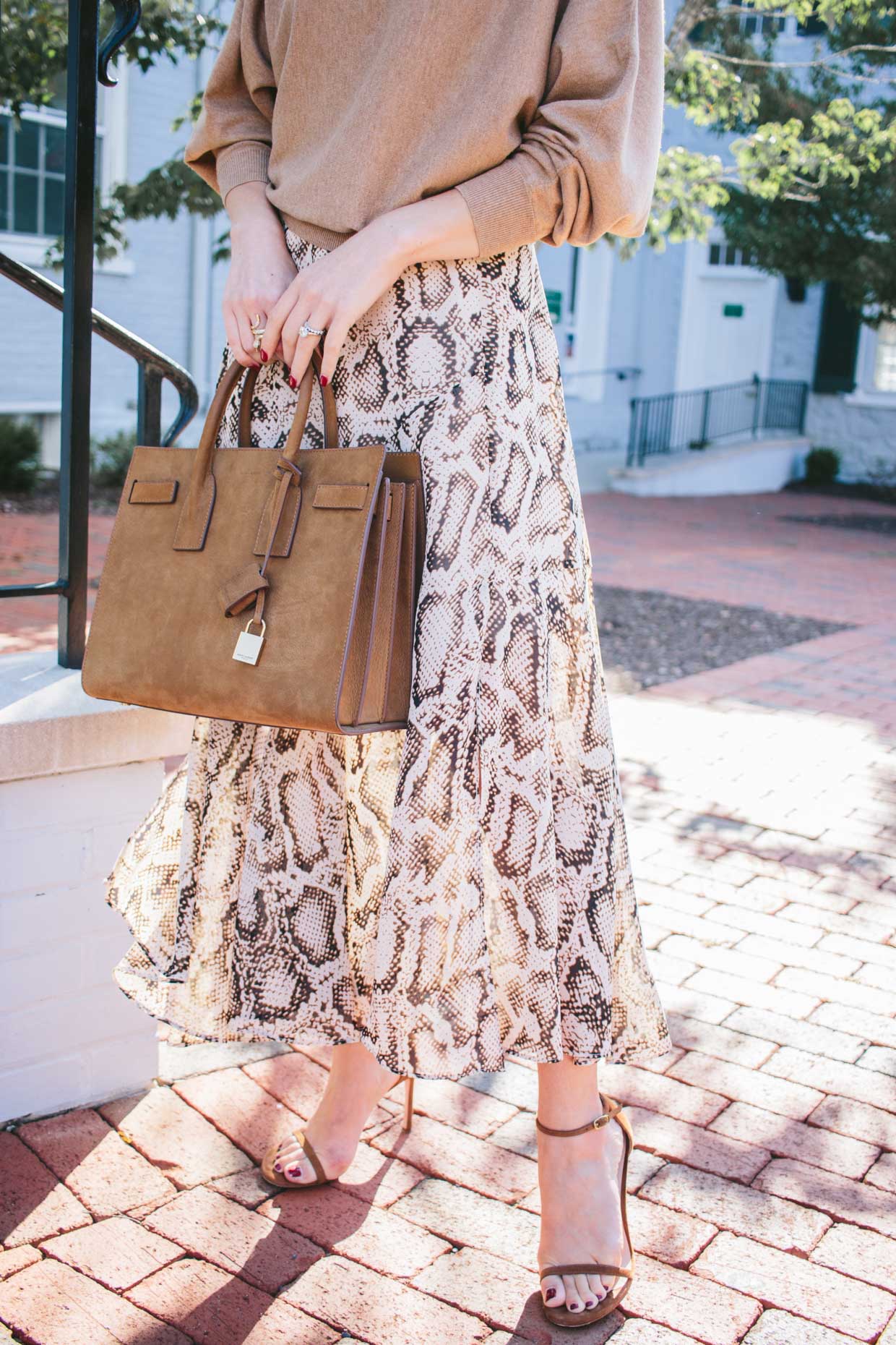 Meagan Brandon fashion blogger of Meagan's Moda wears Chicwish snakeskin  print midi skirt with suede sandals and suede YSL sac de jour - Meagan's  Moda