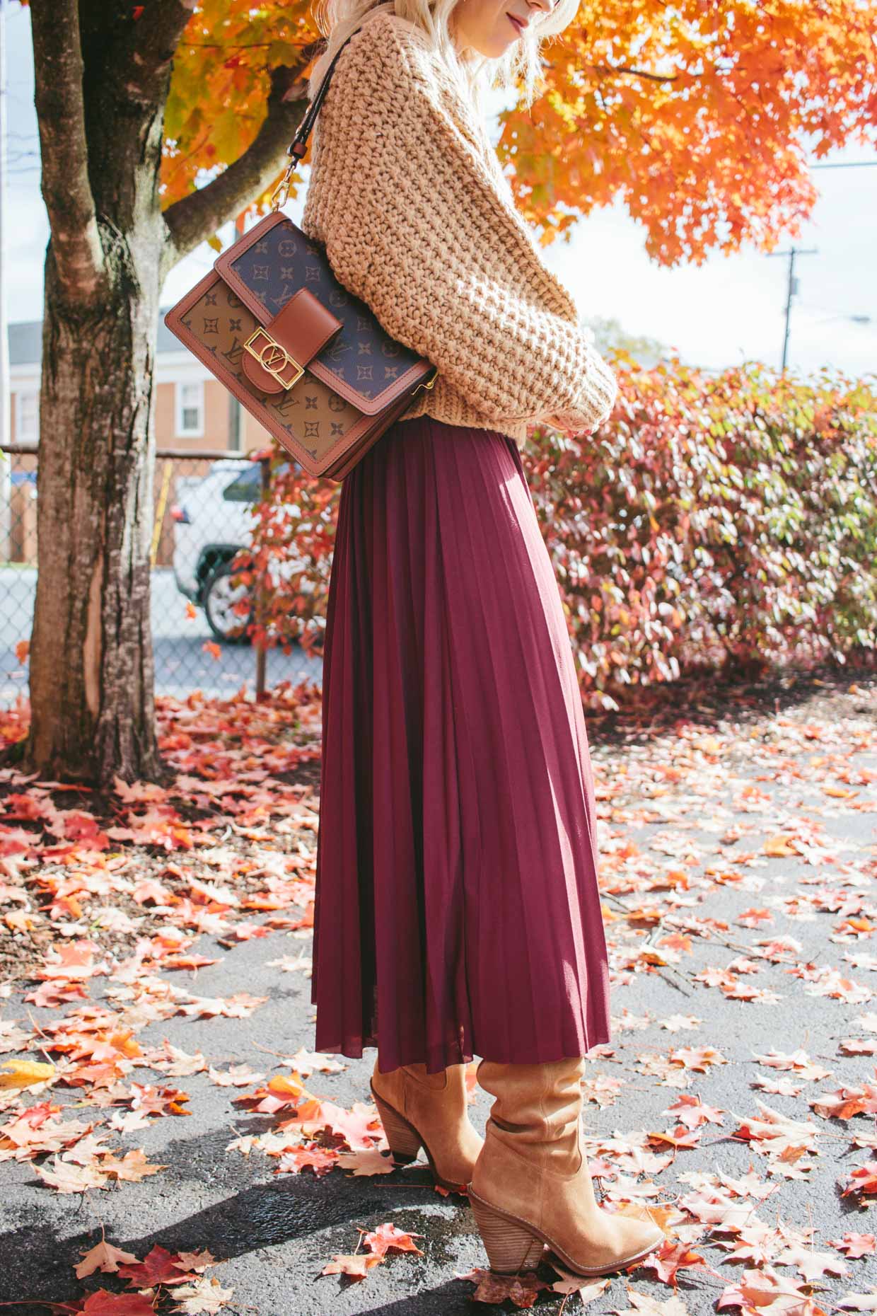 Meagan Brandon fashion blogger of Meagan's Moda wears Janessa Leone Billie  fedora with camel sweater, Madewell black denim skirt and Louis Vuitton  brown monogram shine shawl for chic layered fall outfit 
