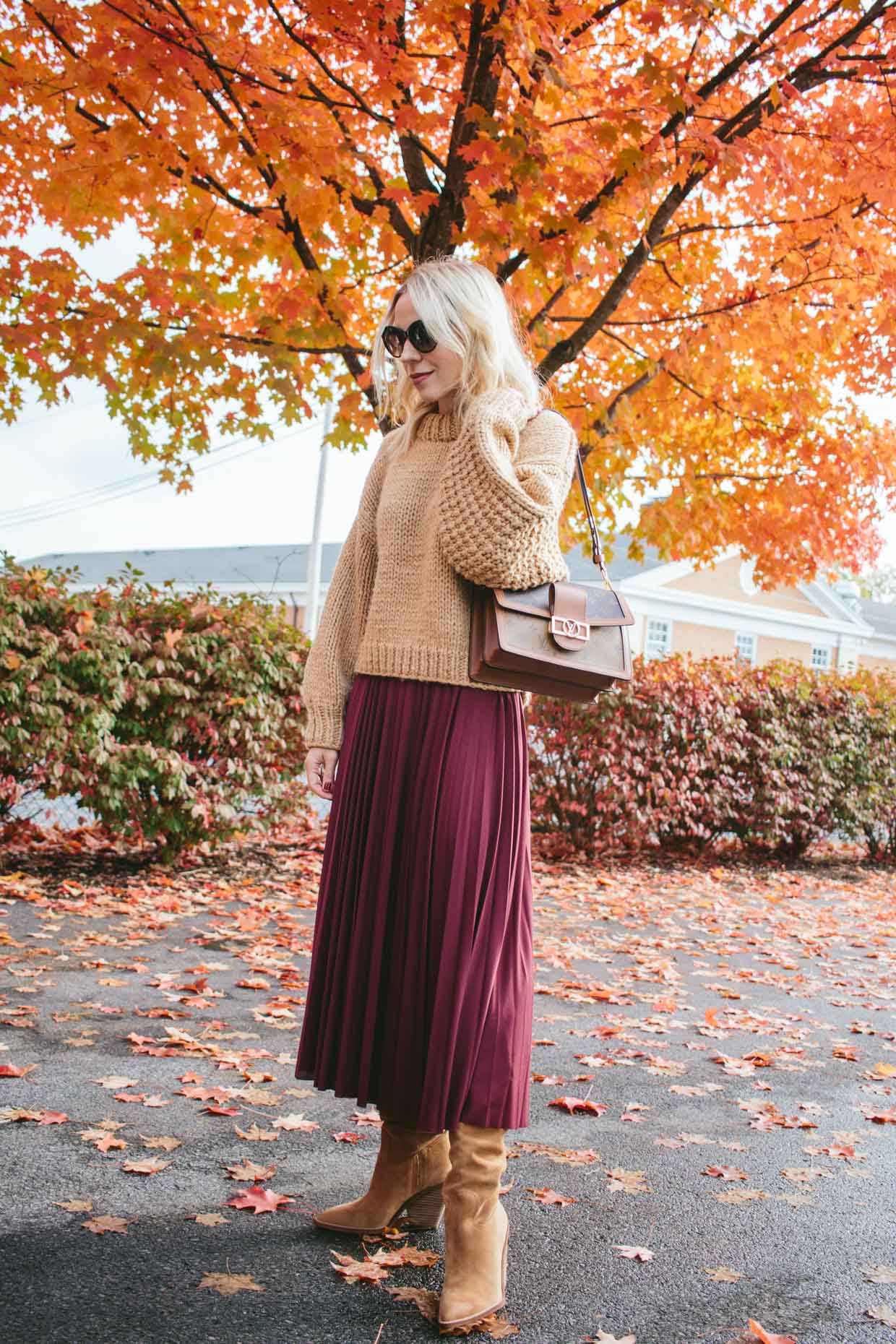 Meagan Brandon fashion blogger of Meagan's Moda wears Louis Vuitton brown  monogram shine shawl with camel sweater and black denim skirt - Meagan's  Moda