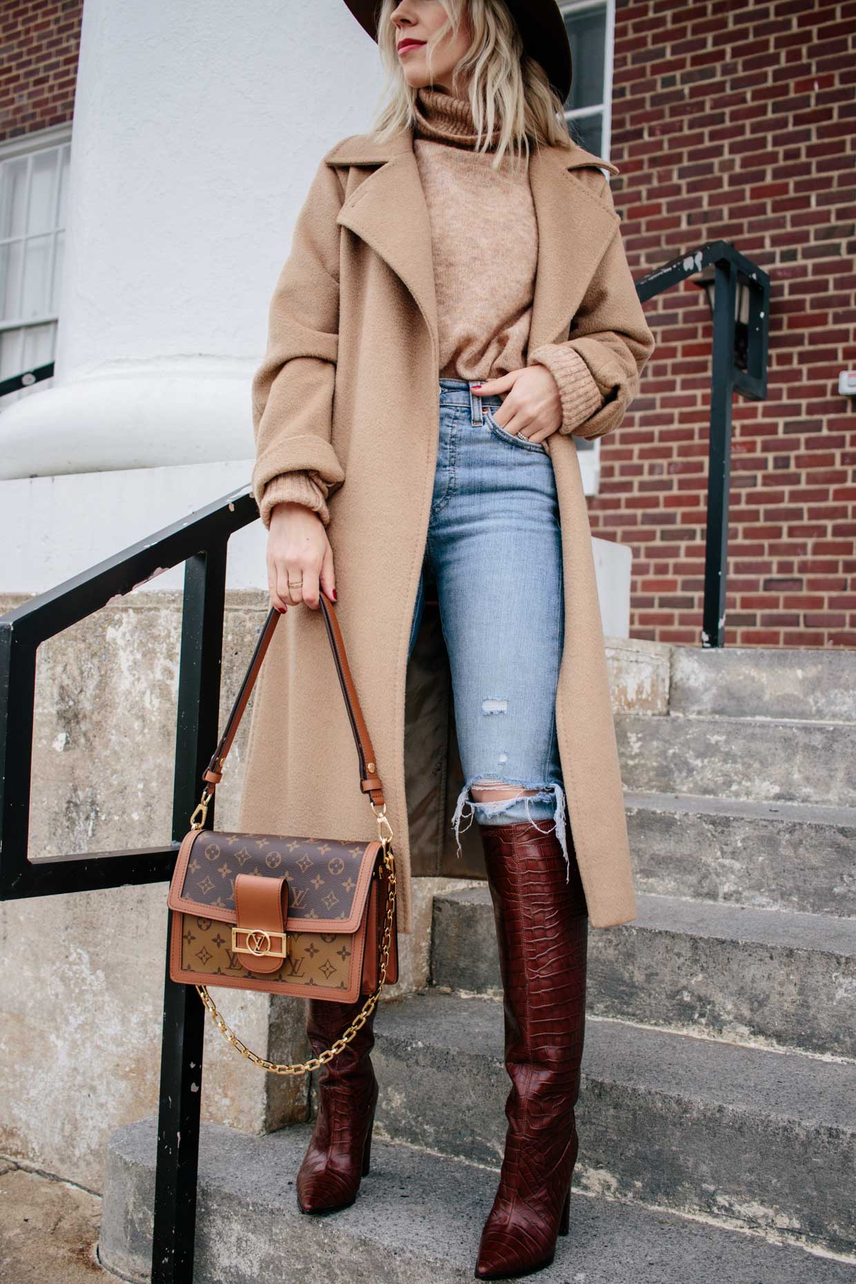 Meagan Brandon fashion blogger of Meagan's Moda shows how to wear a camel  coat with light denim and croc leather knee high boots for chic camel coat  outfit - Meagan's Moda