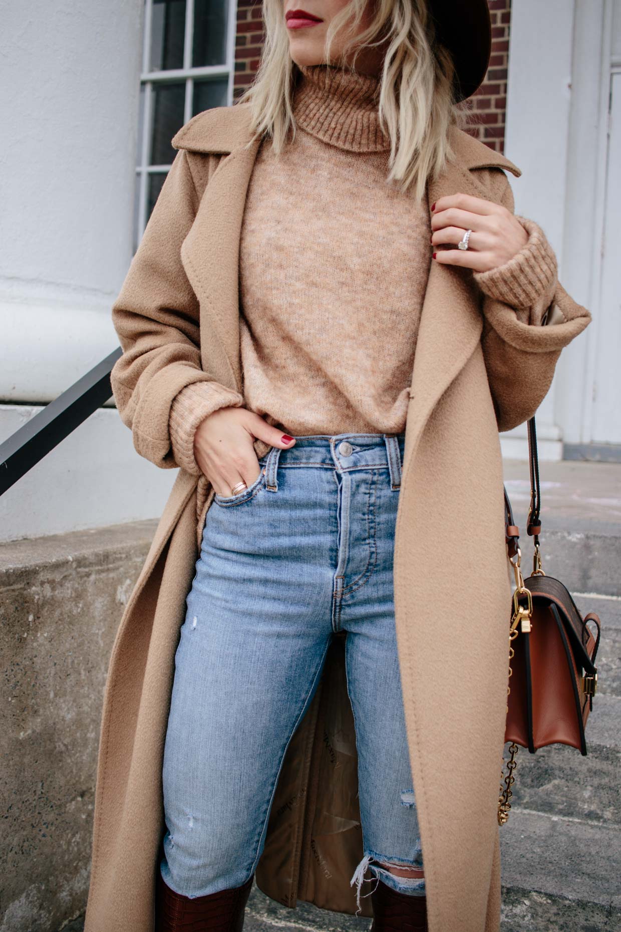 Meagan Brandon fashion blogger of Meagan's Moda wears Madewell camel  sweater coat over denim shirt and Louis Vuitton brown monogram scarf for  layered fall look - Meagan's Moda