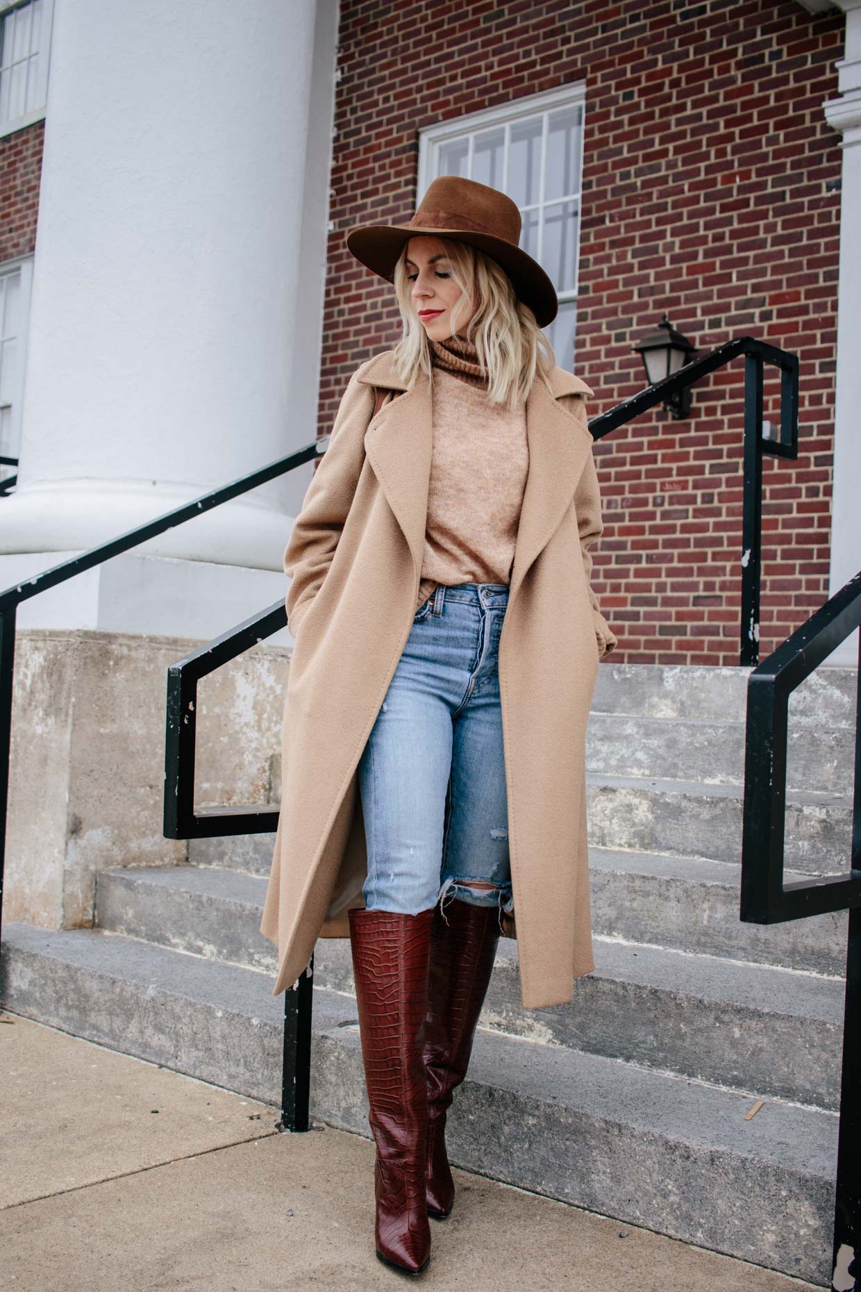 Meagan Brandon fashion blogger of Meagan's Moda wears Janessa Leone Harper  wool fedora with camel coat and Louis Vuitton Dauphine bag - Meagan's Moda