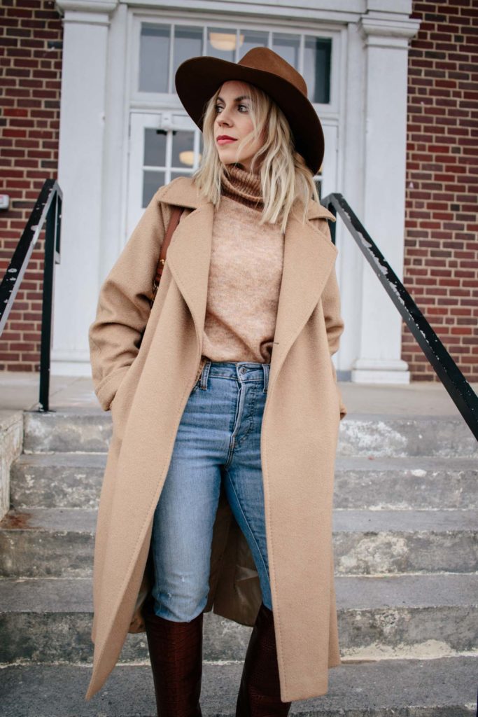 Meagan Brandon fashion blogger of Meagan's Moda wears Janessa Leone Harper fedora with camel coat