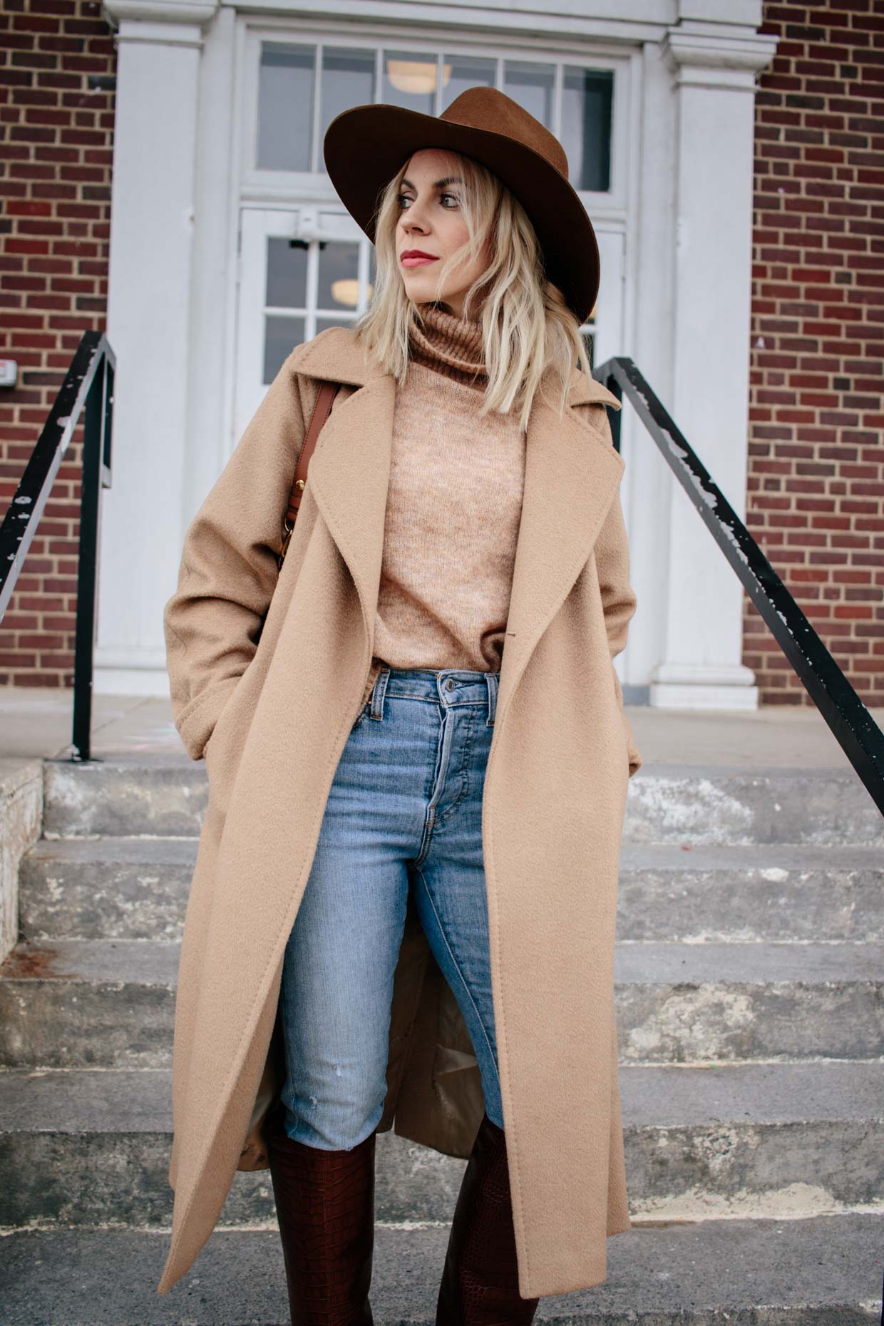 Meagan Brandon fashion blogger of Meagan's Moda wears Janessa Leone Harper  wool fedora with camel coat and Louis Vuitton Dauphine bag - Meagan's Moda