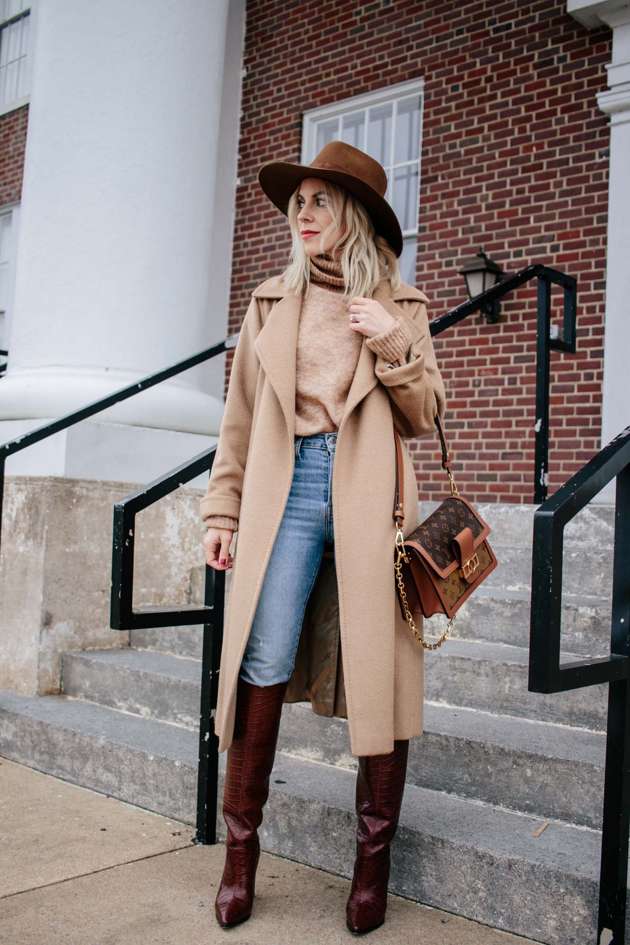 Meagan Brandon fashion blogger of Meagan's Moda wears monochromatic camel  outfit with knit dress, croc leather boots and Louis Vuitton Dauphine MM  bag - Meagan's Moda