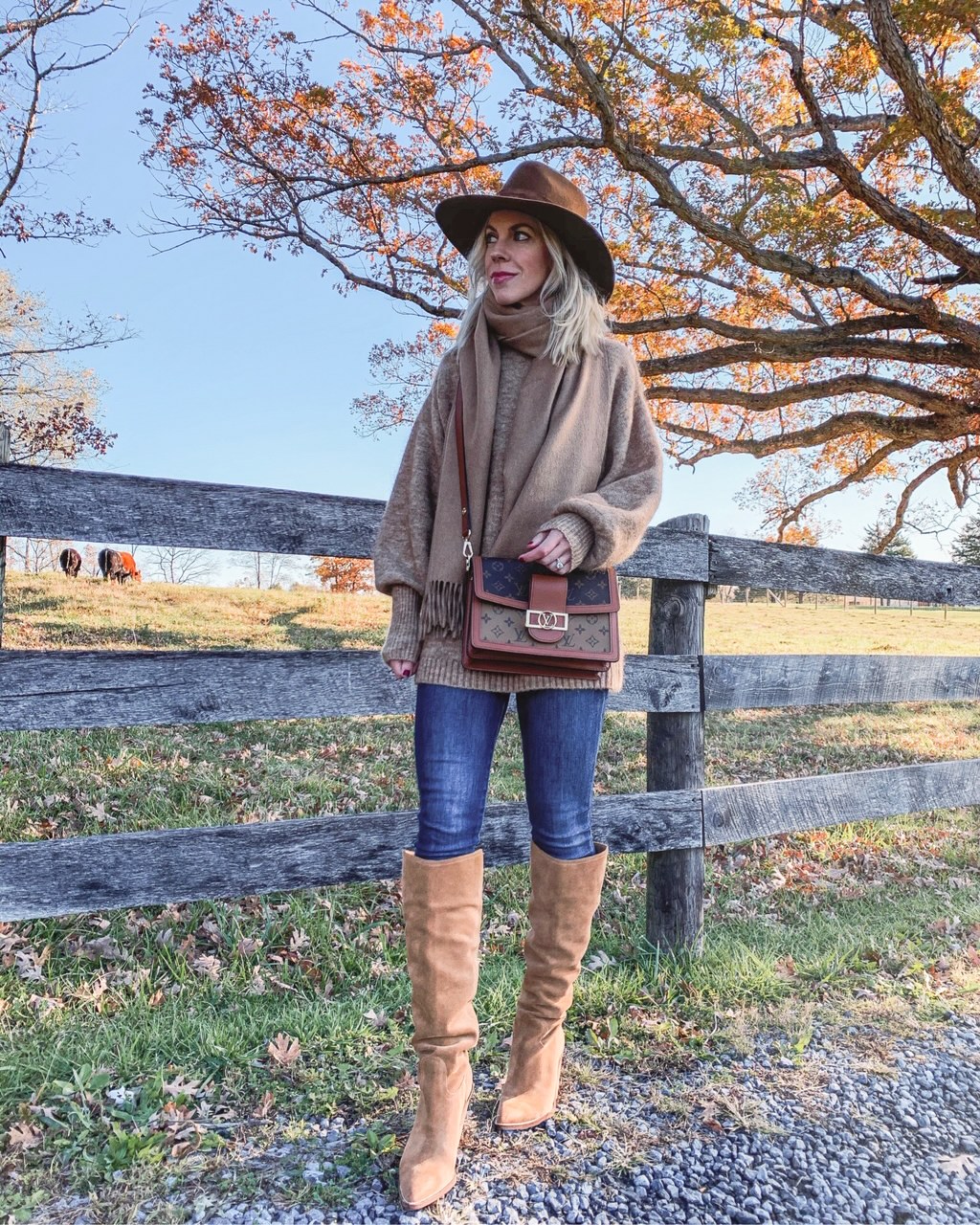 Meagan Brandon fashion blogger of Meagan's Moda wears Madewell camel  sweater coat over denim shirt and Louis Vuitton brown monogram scarf for  layered fall look - Meagan's Moda