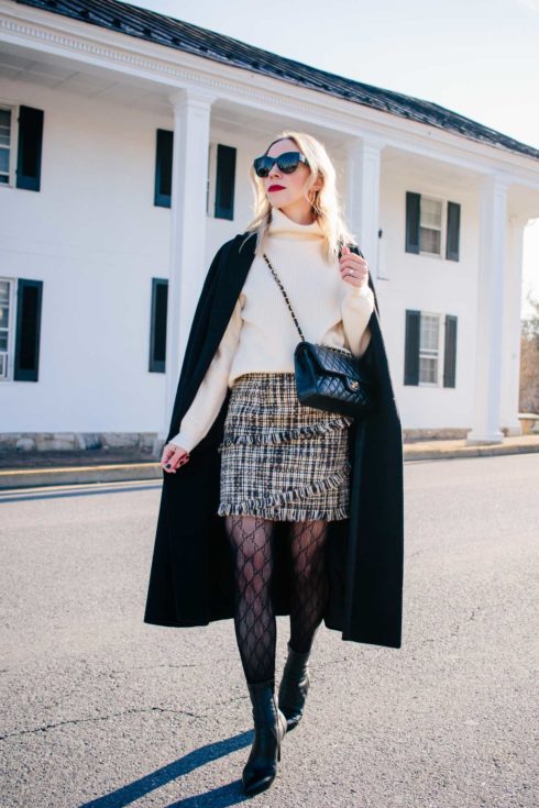 Winter Texture Mix: Cashmere Sweater, Tweed Skirt & Fishnet Tights ...