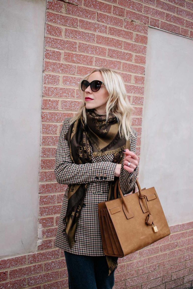 Belted Plaid Blazer & Louis Vuitton Scarf - Meagan's Moda