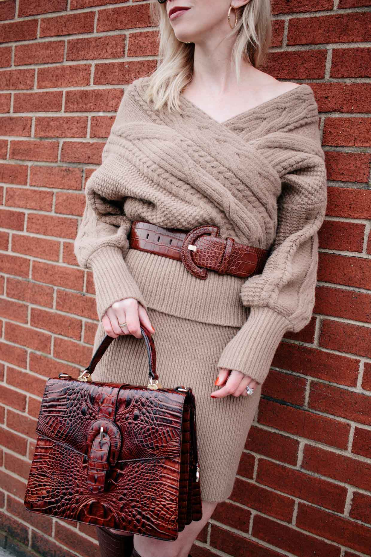 Meagan Brandon fashion blogger of Meagan's Moda wears monochromatic camel  outfit with knit dress, croc leather boots and Louis Vuitton Dauphine MM  bag - Meagan's Moda