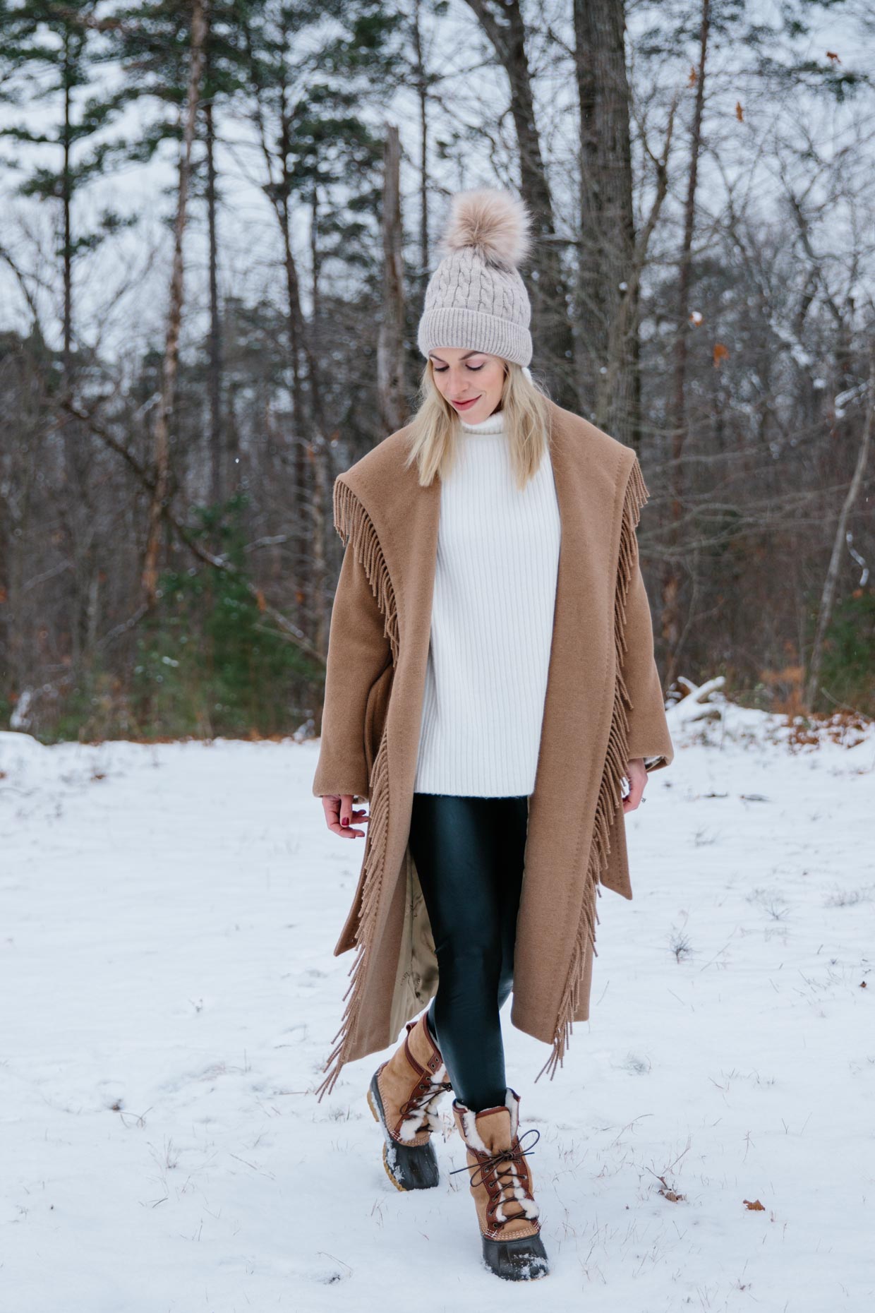 Snow Day in the Woods: Fringe Coat with Faux Leather Leggings & Sherpa Boots  - Meagan's Moda
