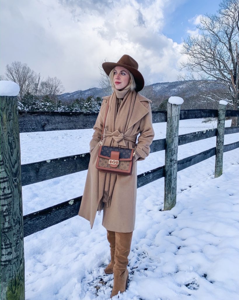 Meagan Brandon fashion blogger of Meagan's Moda wears monochromatic camel outfit with Max Mara Manuela coat and Louis Vuitton Dauphine MM