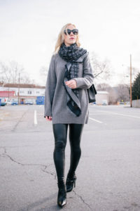 Meagan Brandon fashion blogger of Meagan's Moda wears oversized gray tunic  sweater with Louis Vuitton scarf, how to wear LV scarf - Meagan's Moda