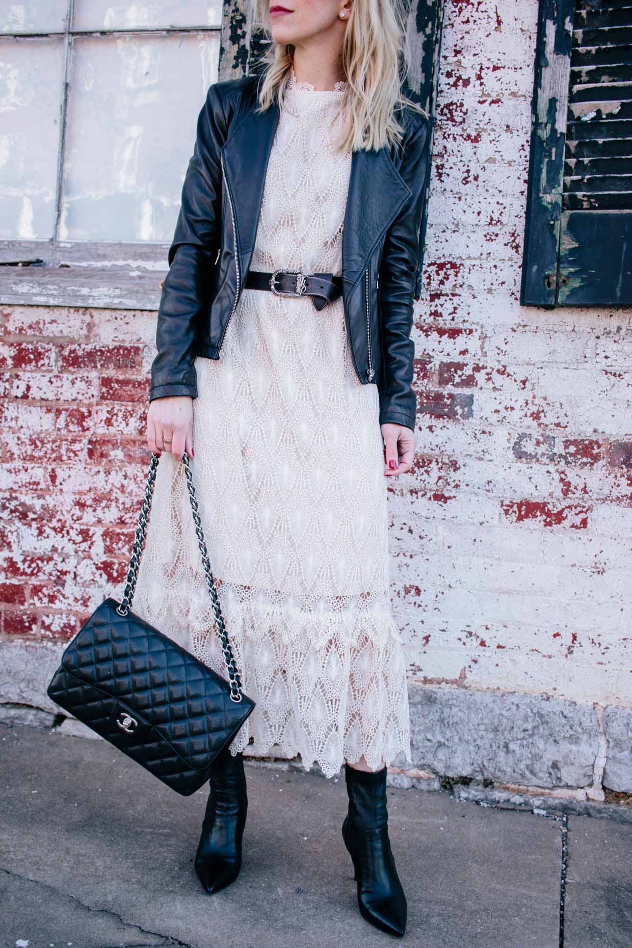 Meagan Brandon fashion blogger of Meagan's Moda wears lace midi