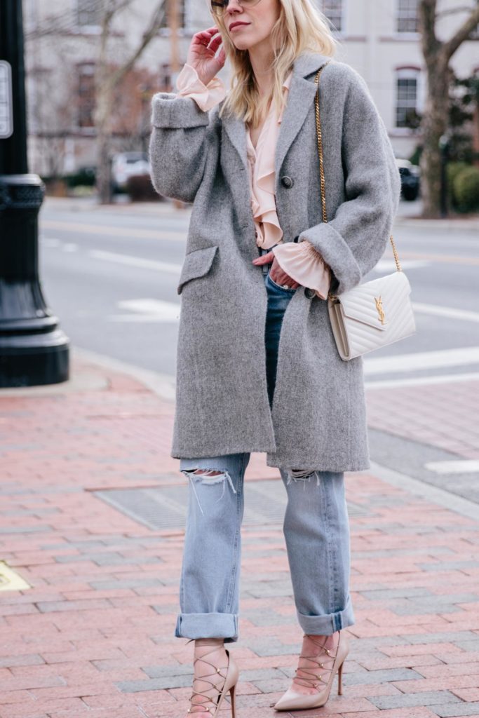 Girl Meets Boy: Ruffled Blouse with High Waist Boyfriend Jeans - Meagan ...