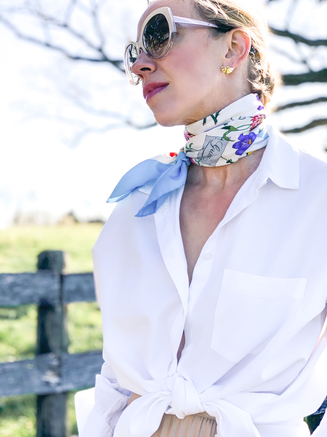Romantic Spring Style: White Button Down, Silk Scarf & Pleated