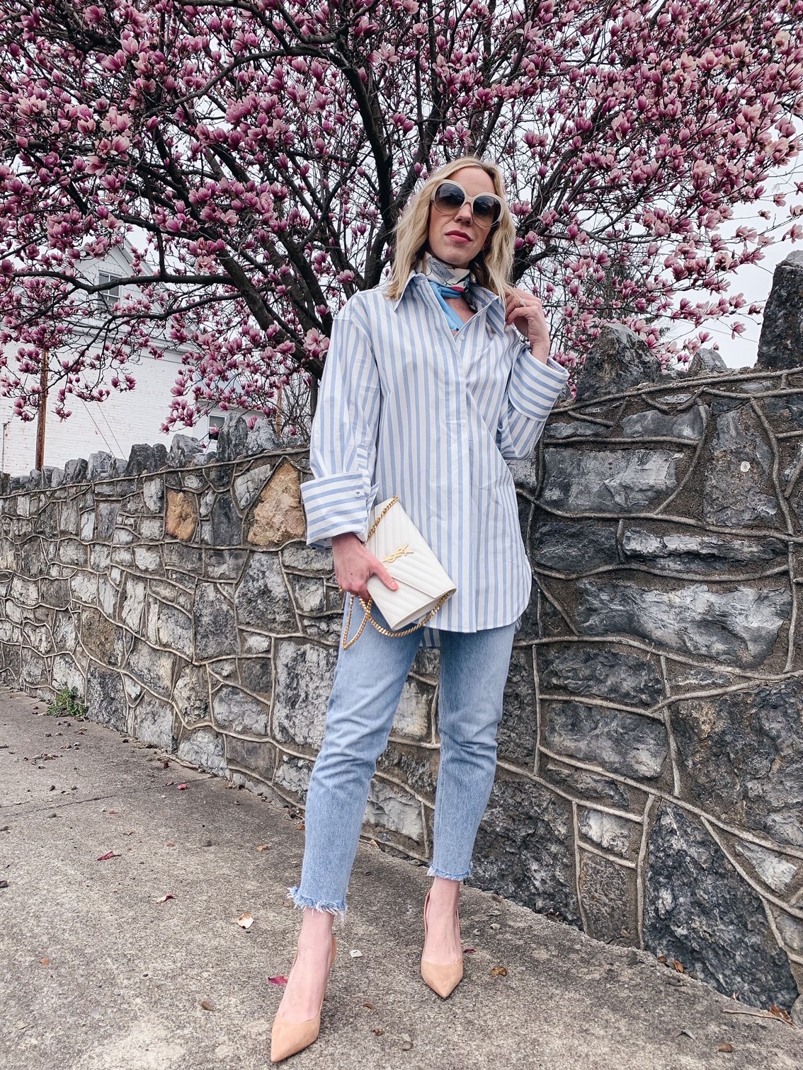 Spring Stripes: Oversized Shirt with Silk Scarf & Straight Leg Jeans -  Meagan's Moda