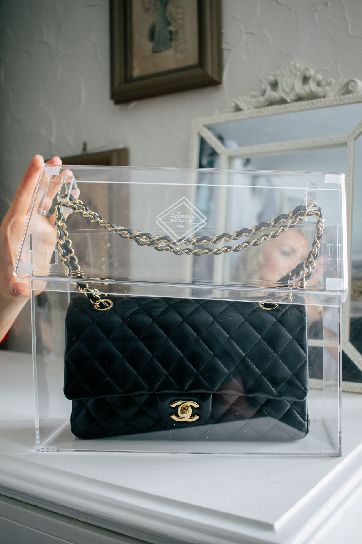 Meagan Brandon fashion blogger shows best way to preserve and store Chanel handbags with Luxury Bag Display case