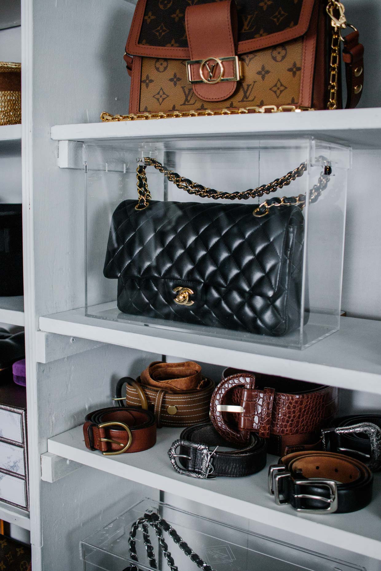 Meagan Brandon fashion blogger of Meagan's Moda shares best way to store Chanel handbags and storage case