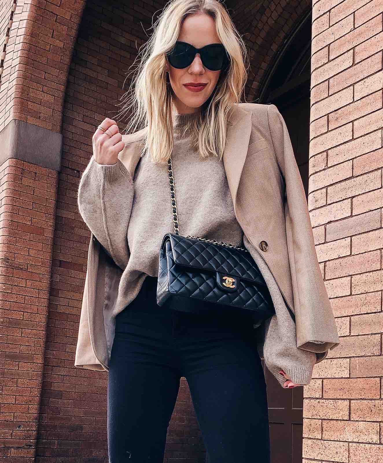 Utility jacket outfit for spring with denim skirt and Chanel Jumbo classic  flap bag black caviar silver hardware - Meagan's Moda