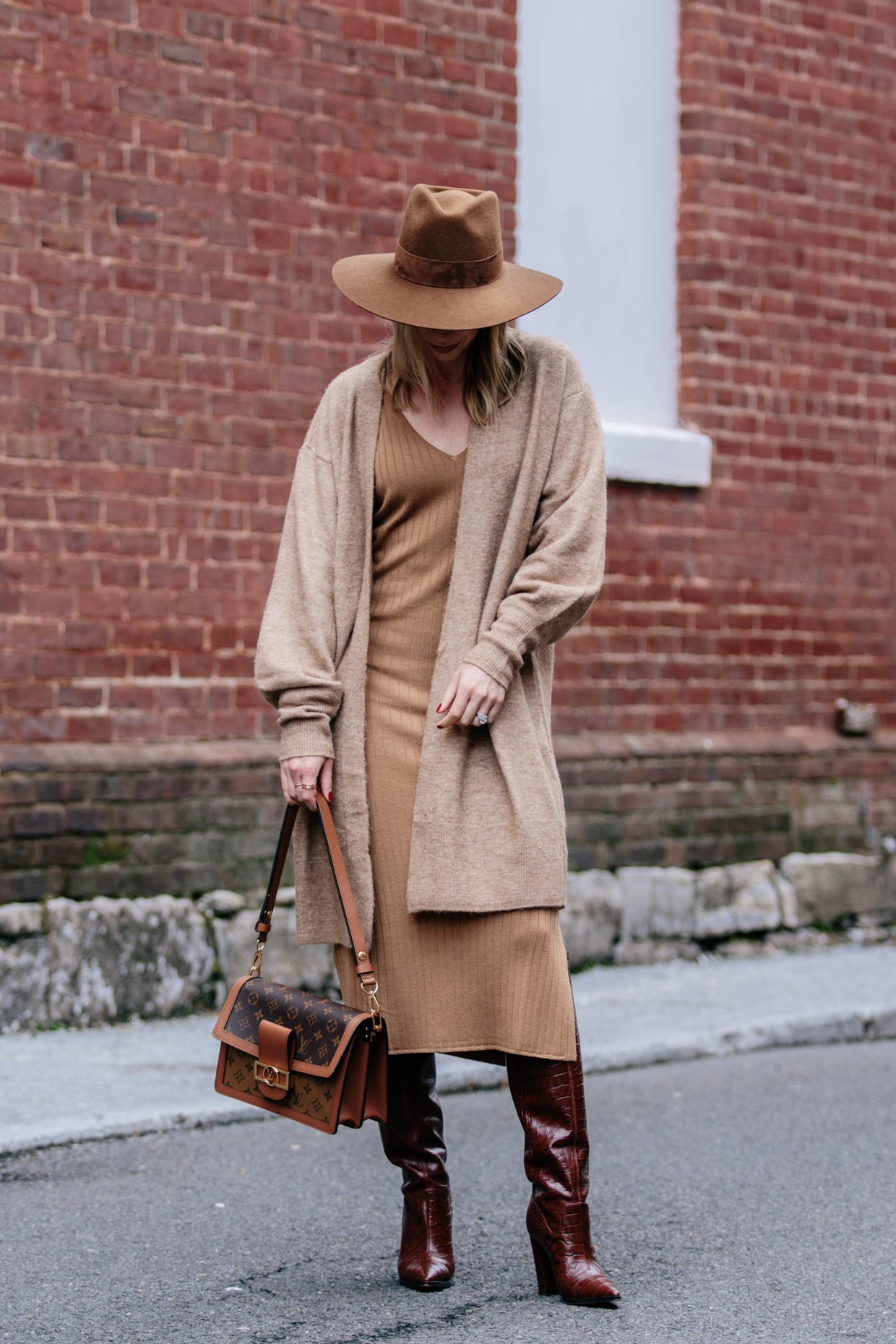Meagan Brandon fashion blogger of Meagan's Moda wears Madewell camel  sweater coat over denim shirt and Louis Vuitton brown monogram scarf for  layered fall look - Meagan's Moda