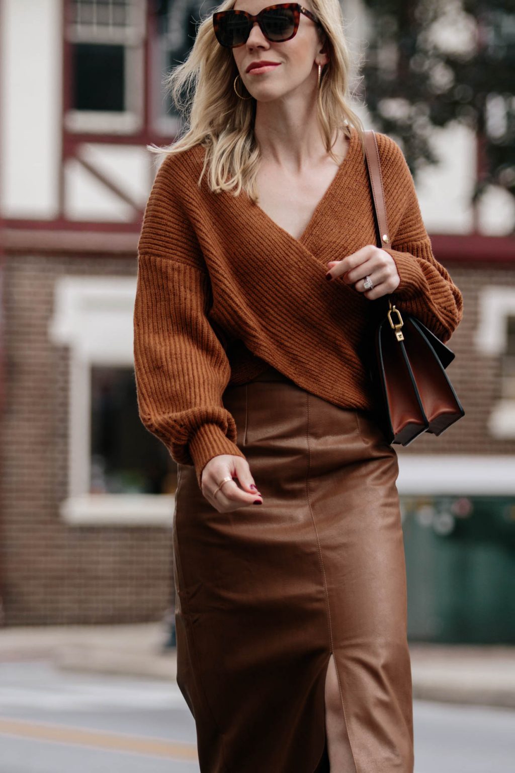 Autumn Caramel: Wrap-Front Sweater & Faux Leather Skirt - Meagan's Moda