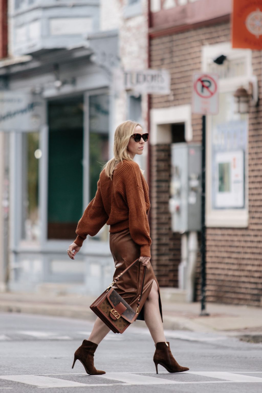 Autumn Caramel Wrap Front Sweater And Faux Leather Skirt Meagans Moda