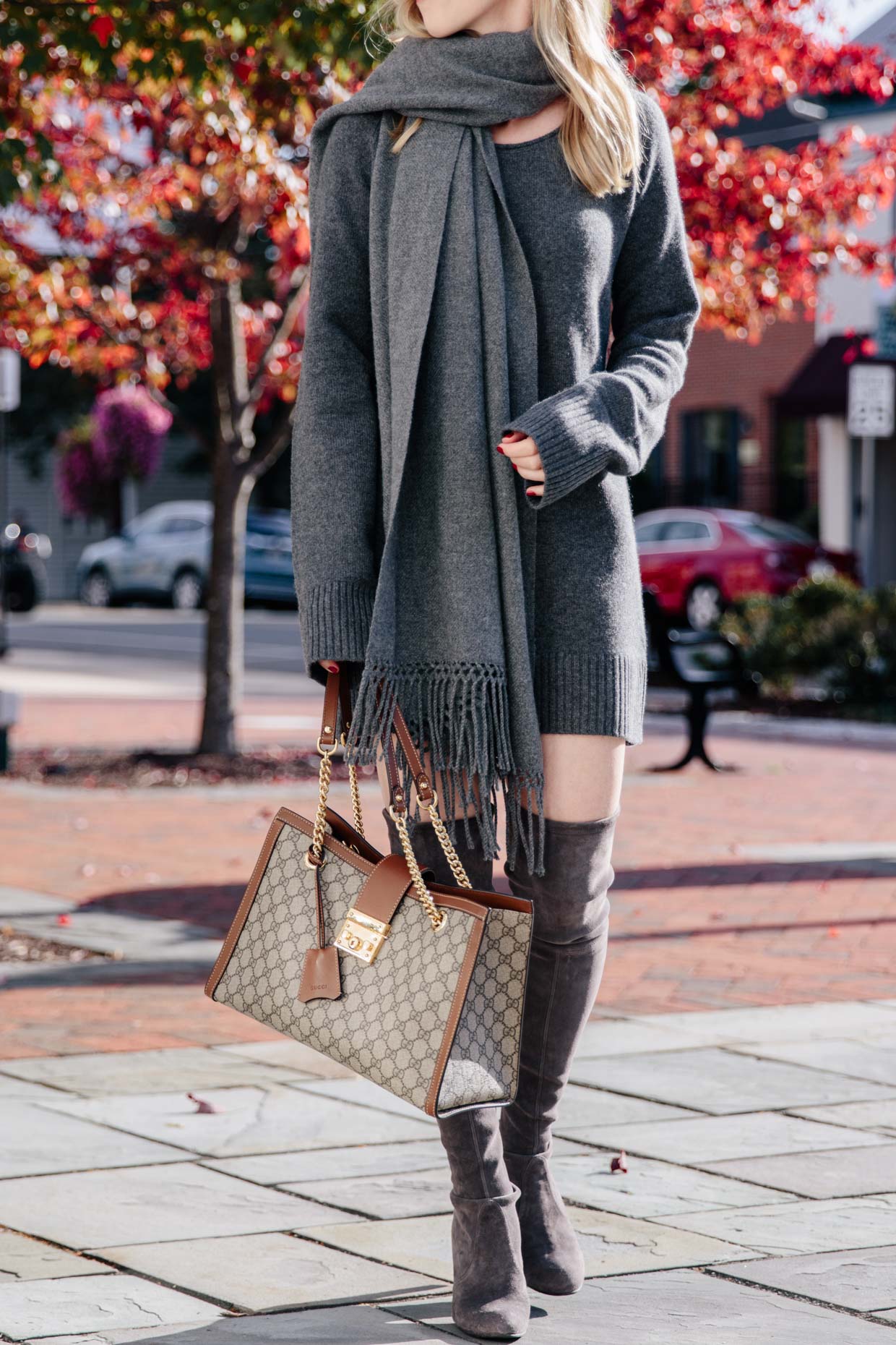 Meagan Brandon fashion blogger wears trench coat with pink sweater, gray  jeans, Louis Vuitton gray shine shawl scarf, Valentino nude Rockstud pumps  - Meagan's Moda