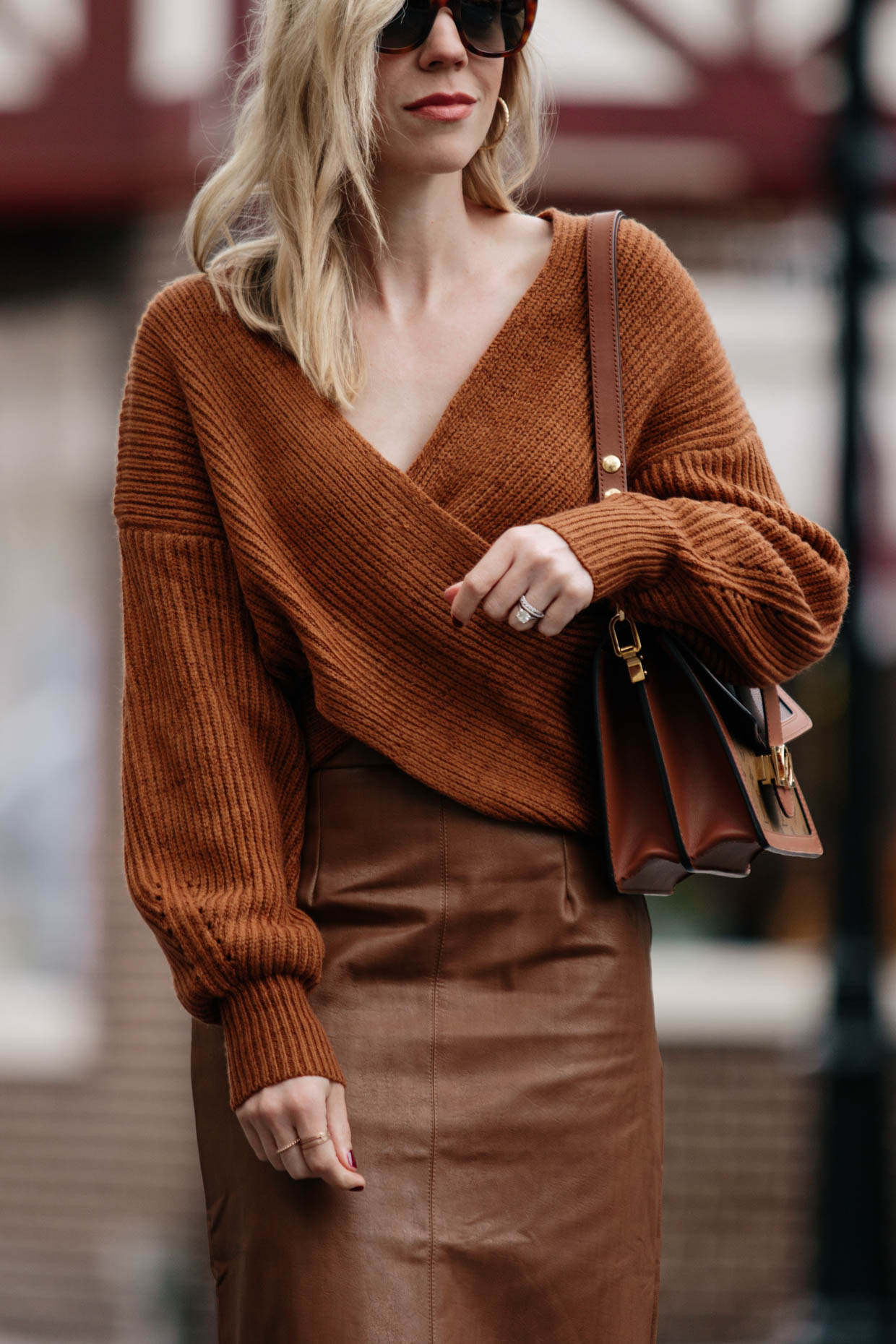 Meagan Brandon fashion blogger of Meagan's Moda wears Chicwish camel  cropped sweater with burgundy pleated midi skirt and Louis Vuitton Dauphine  MM bag - Meagan's Moda