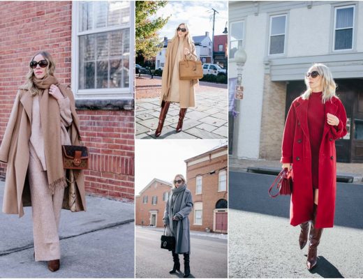 Meagan Brandon fashion blogger of Meagan's Moda wears camel coat with pom  hat and black turtleneck dress, Gucci tights and red YSL bag maternity  outfit - Meagan's Moda