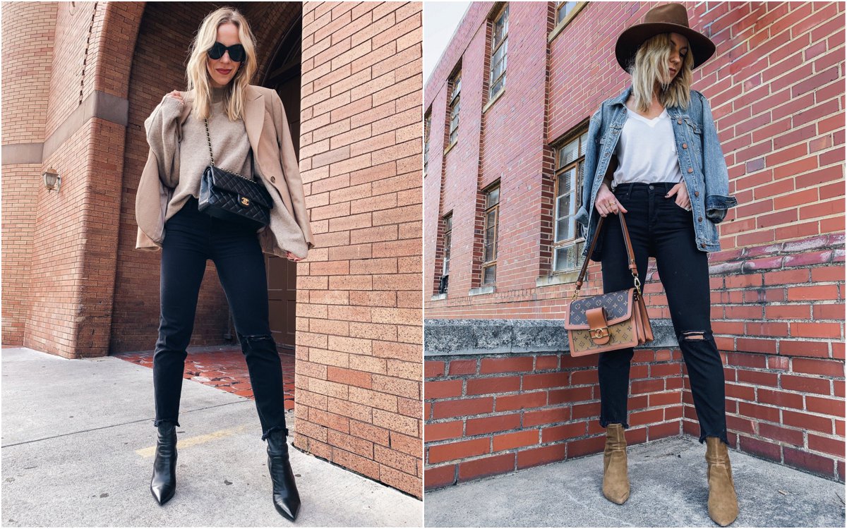 Meagan Brandon fashion blogger of Meagan's Moda wears Janessa Leone Billie  fedora with camel sweater, Madewell black denim skirt and Louis Vuitton  brown monogram shine shawl for chic layered fall outfit 