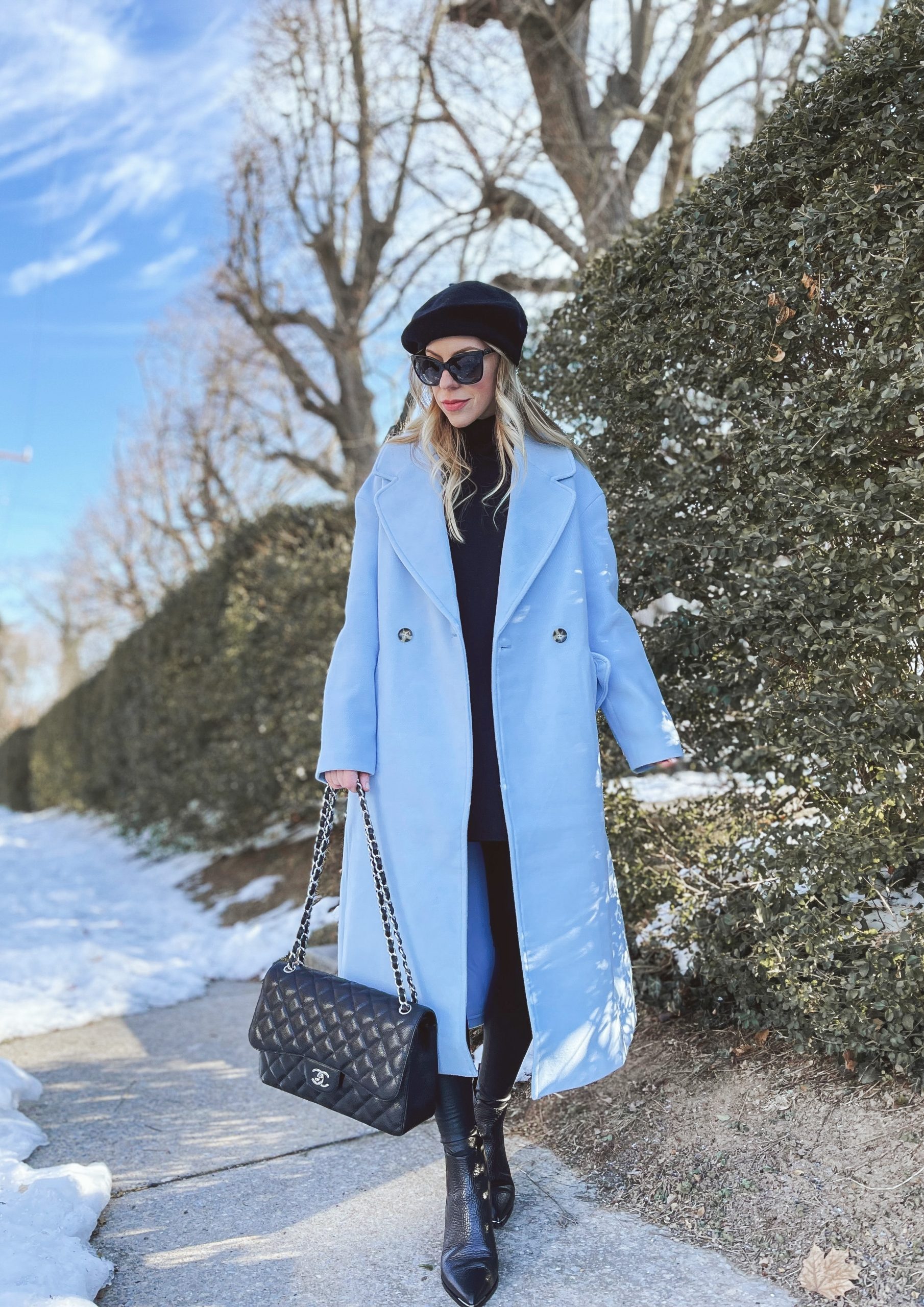 Look Chic in a Baby Blue Coat and a Clutch