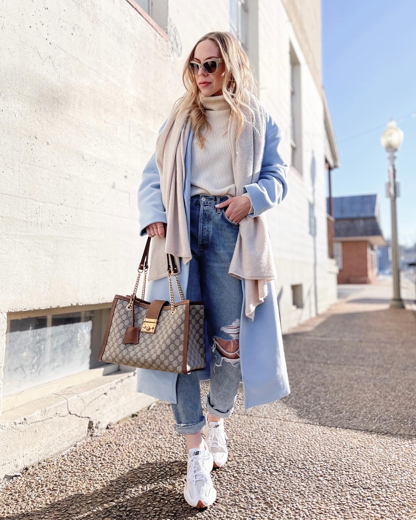 Look Chic in a Baby Blue Coat and a Clutch